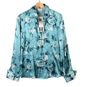 Starington Womens Teal Blue 100% Silk Floral Rose Ruffle Cuff Blouse Size 10 NWT